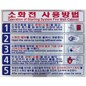 소화전사용법H 5단계(수동설비) 재질:은박지 한국어,영어 표지판 소화전 사용방법
